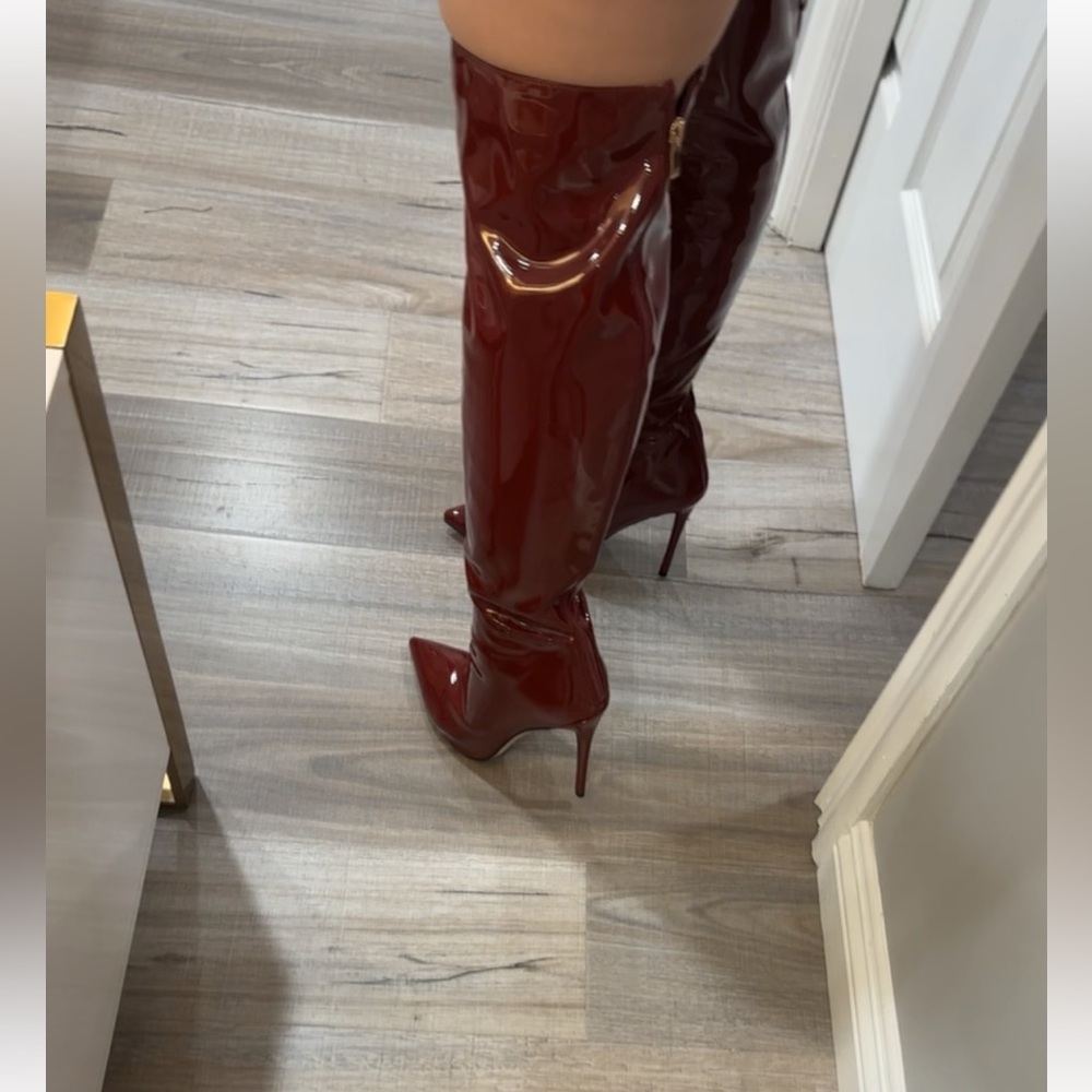 Stylish Faux Patent Leather Burgundy Over The Knee Women's Boots
